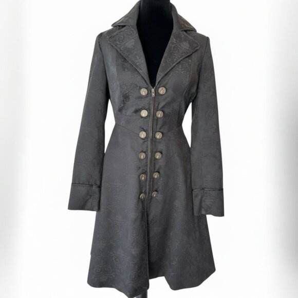 Hot Topic Once Upon a Time Captain Hook Black Jacquard Flare Coat Red Lined SZ S - Picture 4 of 14